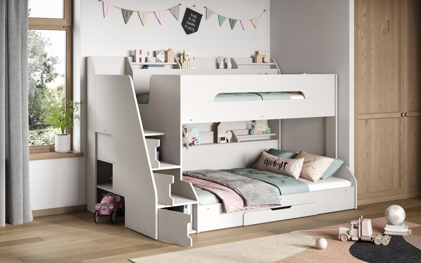 Slick - Staircase Triple Bunk Bed With Shelves