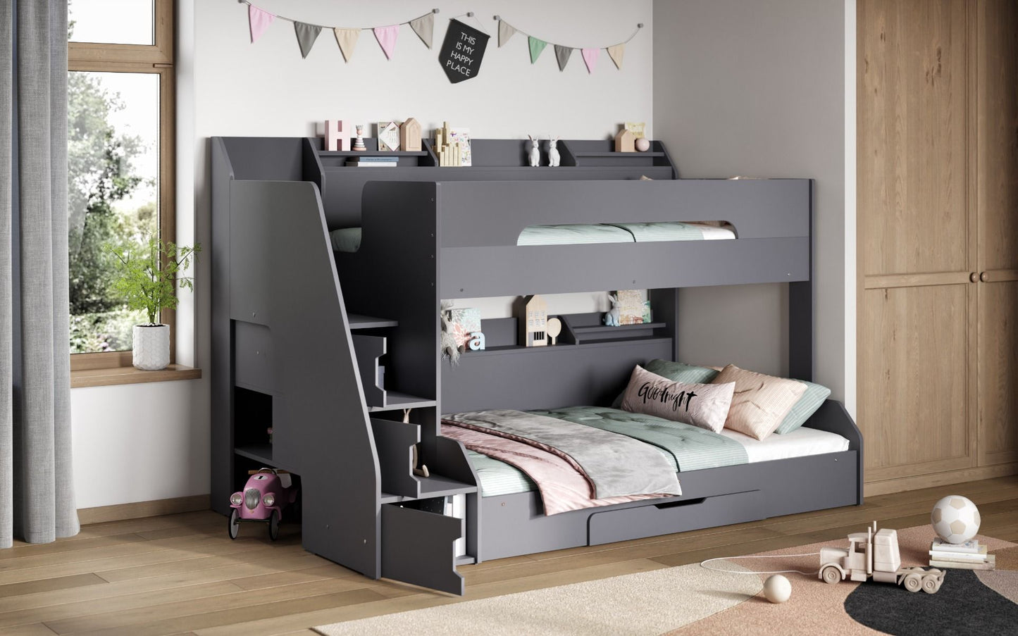 Slick - Staircase Triple Bunk Bed With Shelves