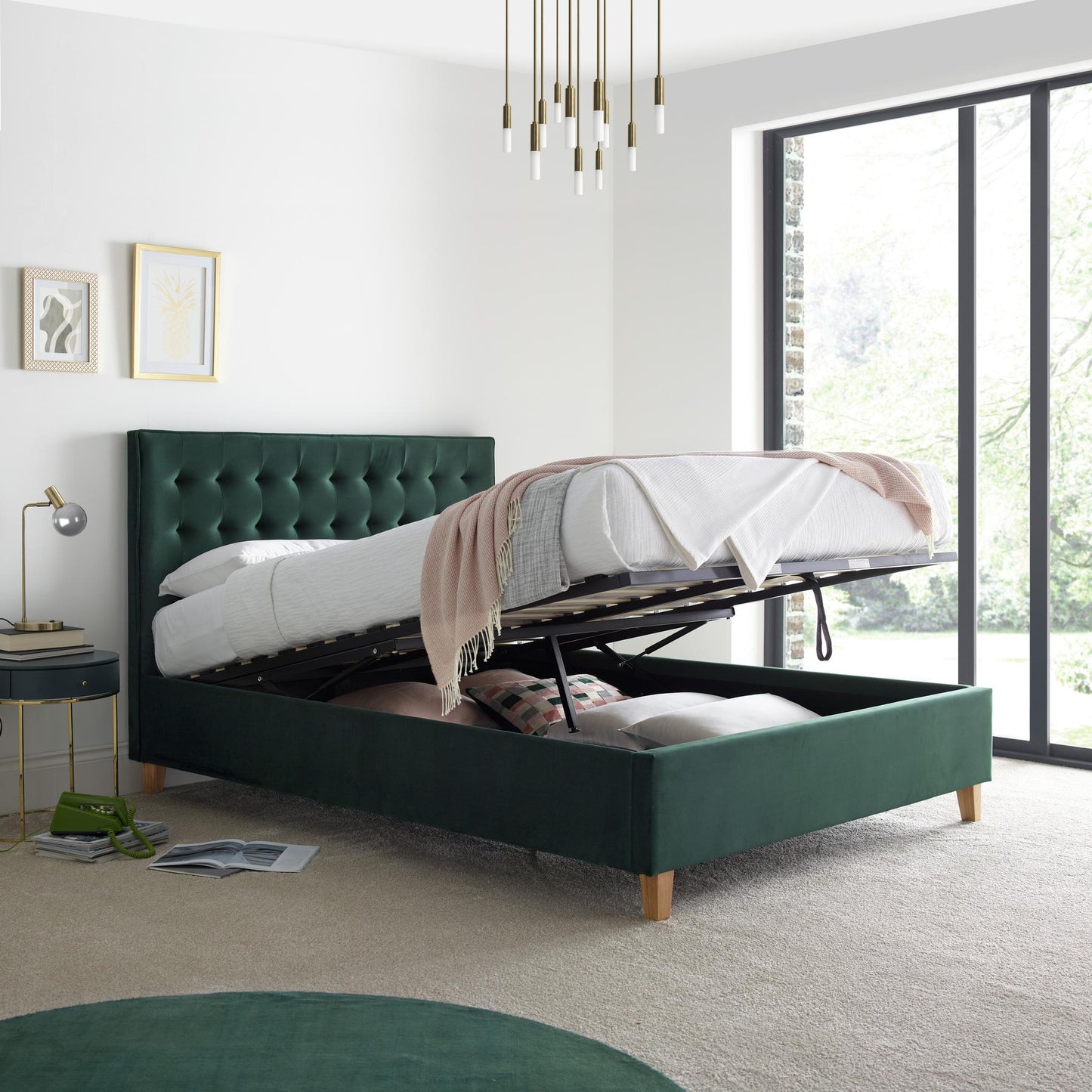 Kingham Green Velvet Ottoman Bed