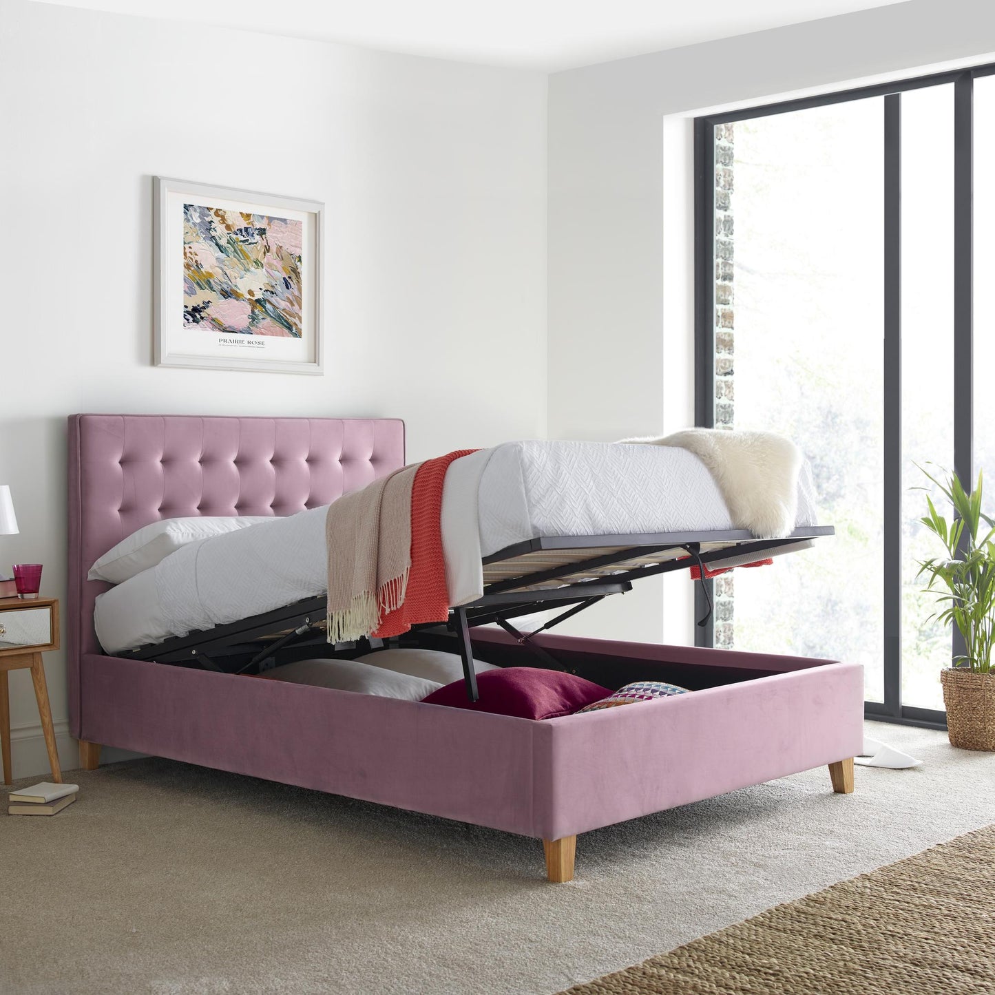 Kingham Pink Velvet Ottoman Bed