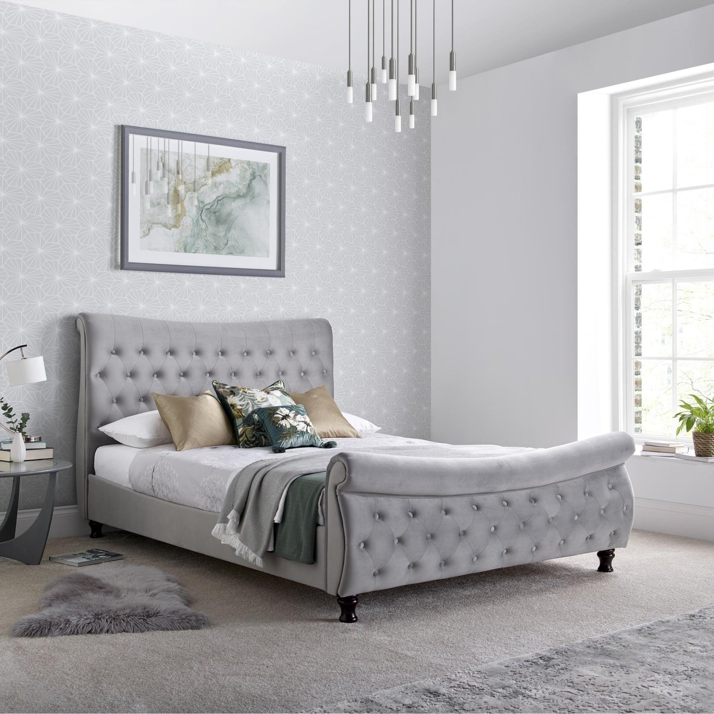 Oxford - Velvet Chesterfield - Sleigh Bed - Grey