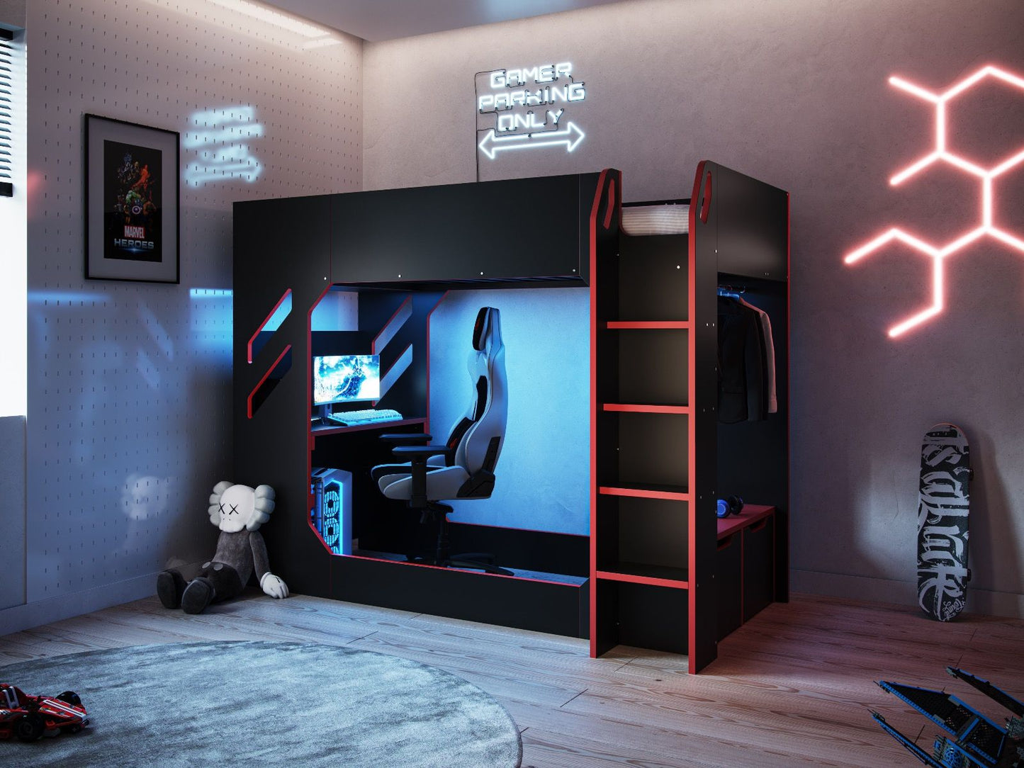 Shuttle - LED Gaming Bed - High Sleeper Single - Black