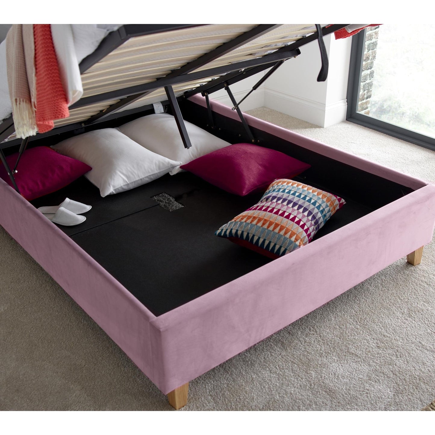 Kingham Pink Velvet Ottoman Bed