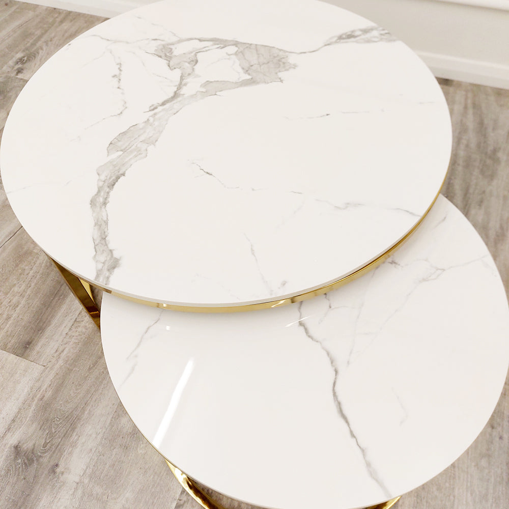 Cato - Nest of 2 Short Round Coffee Gold Tables with Polar White Sintered Stone Tops