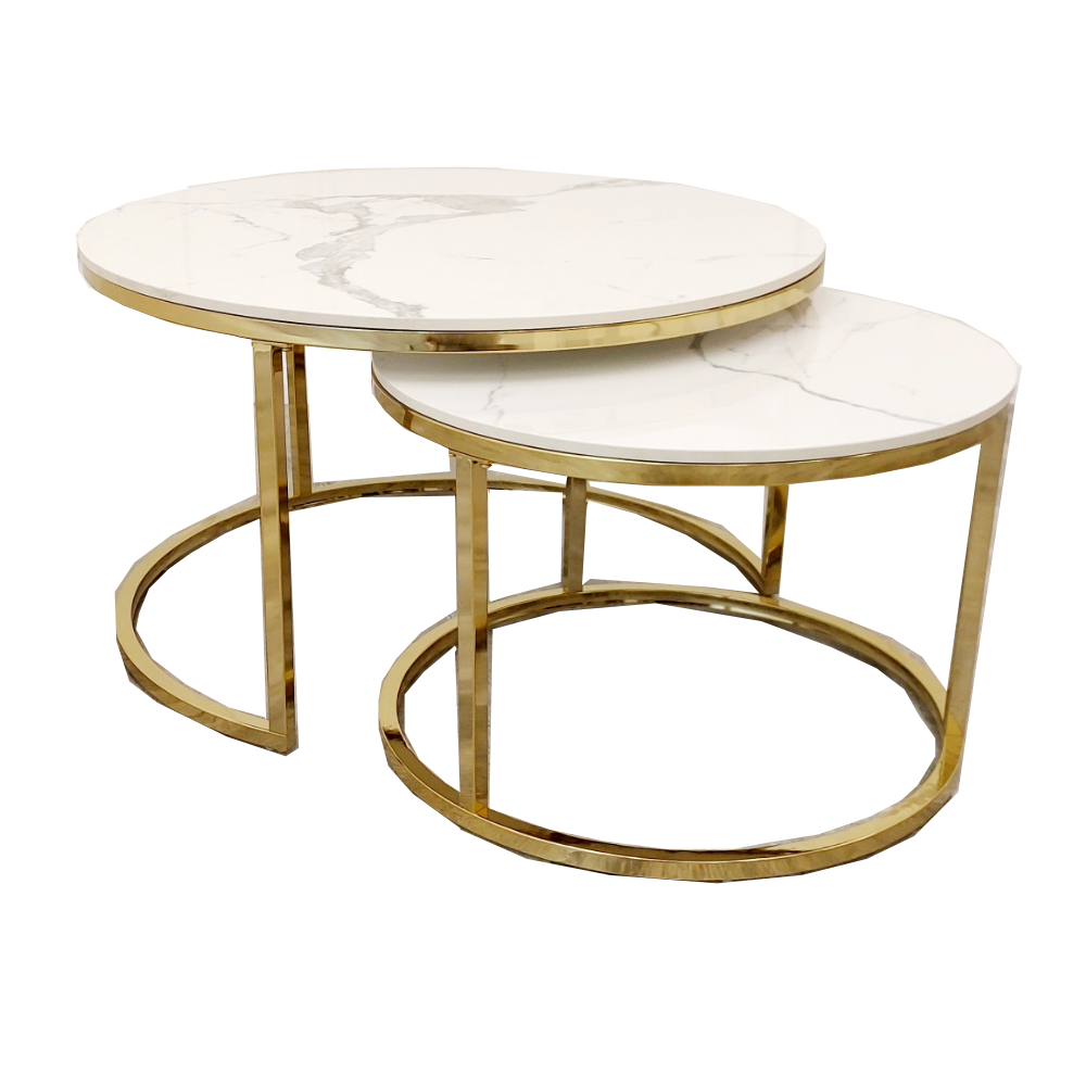 Cato - Nest of 2 Short Round Coffee Gold Tables with Polar White Sintered Stone Tops 