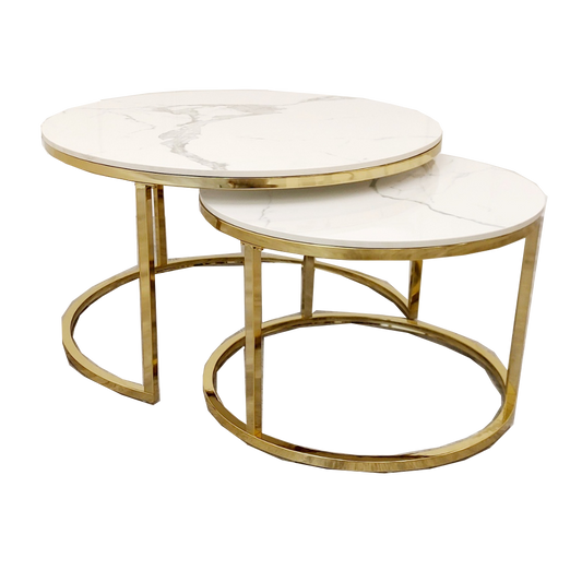 Cato - Nest of 2 Short Round Coffee Gold Tables with Polar White Sintered Stone Tops 