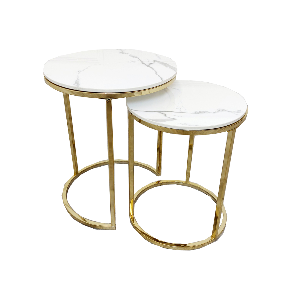 Cato - Nest of 2 Short Round Coffee Gold Tables with Polar White Sintered Stone Tops 