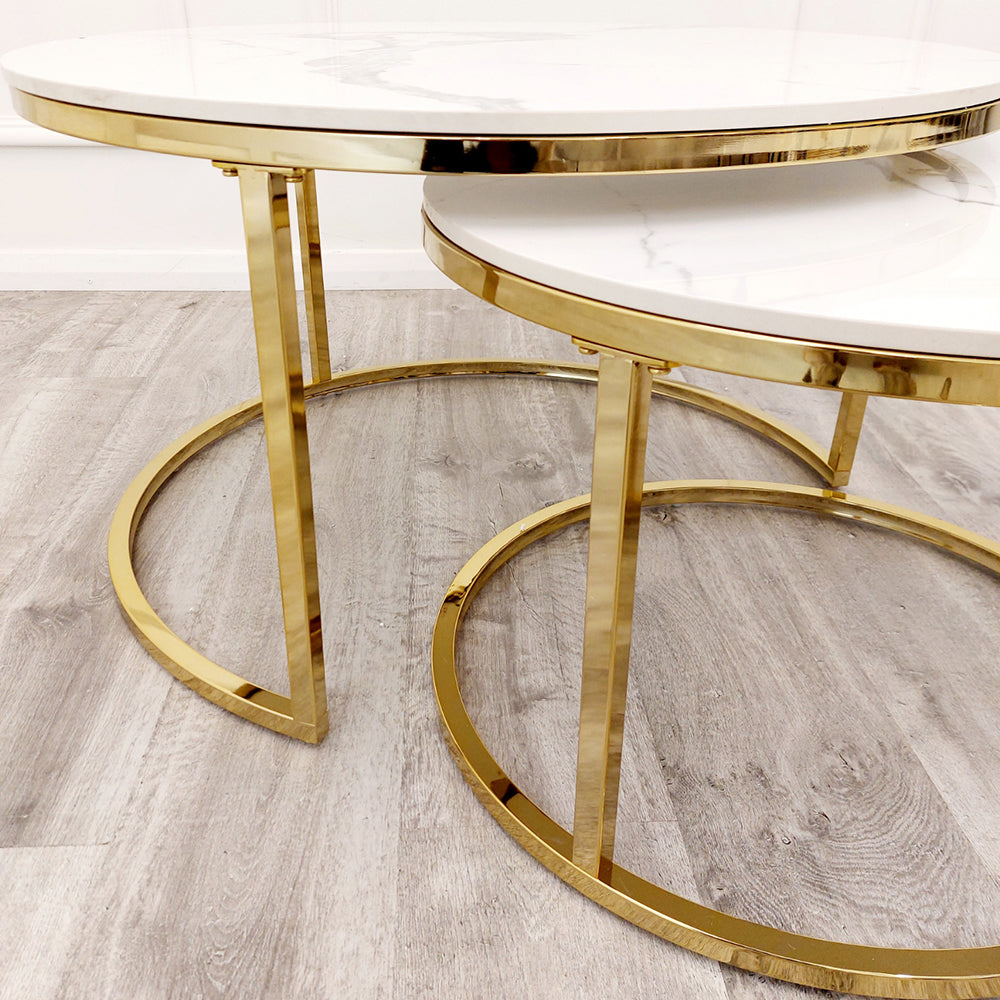 Cato - Nest of 2 Short Round Coffee Gold Tables with Polar White Sintered Stone Tops 