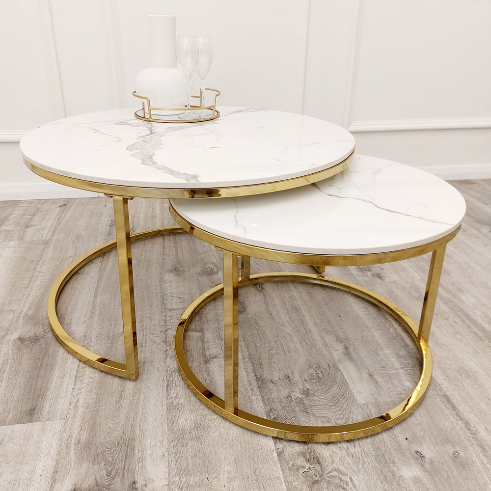 Cato - Nest of 2 Short Round Coffee Gold Tables with Polar White Sintered Stone Tops 