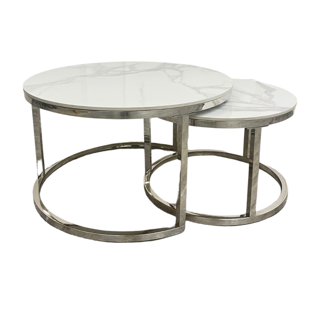 Cato - Nest of 2 Short Round Coffee Silver Tables with Polar White Sintered Stone Tops