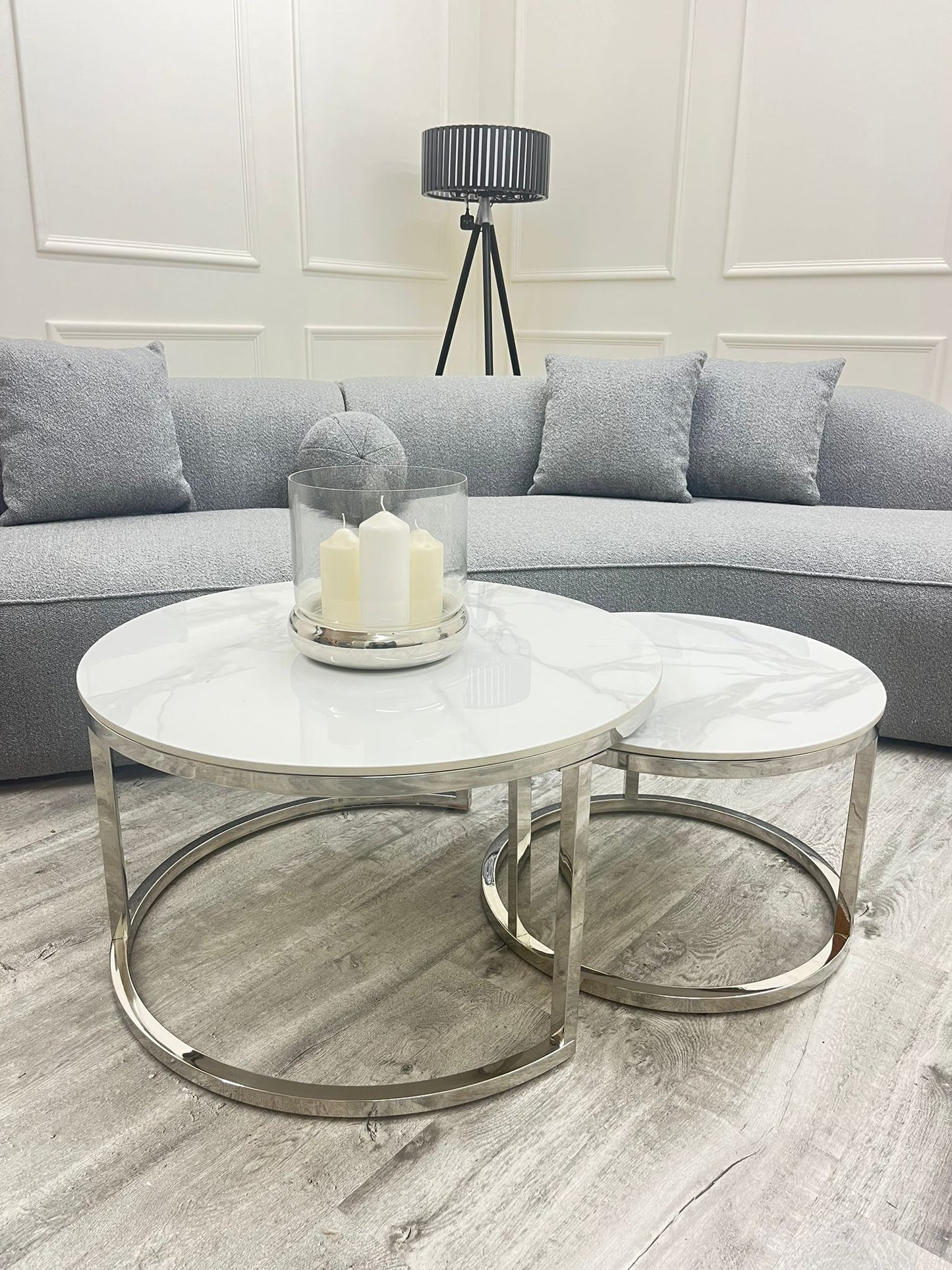 Cato - Nest of 2 Short Round Coffee Silver Tables with Polar White Sintered Stone Tops