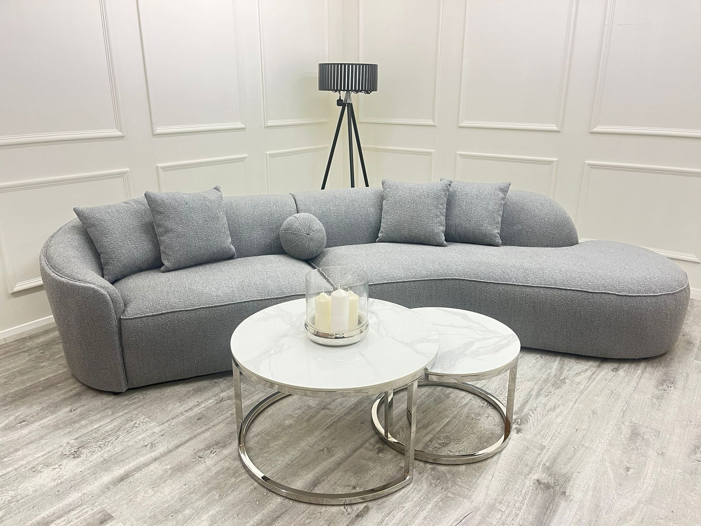 Cato - Nest of 2 Short Round Coffee Silver Tables with Polar White Sintered Stone Tops