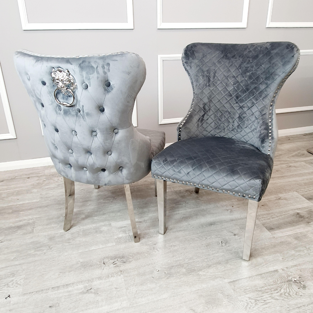 Chelsea - Dining Chair With Lion Knocker & Buttoned Back - Grey Shimmer