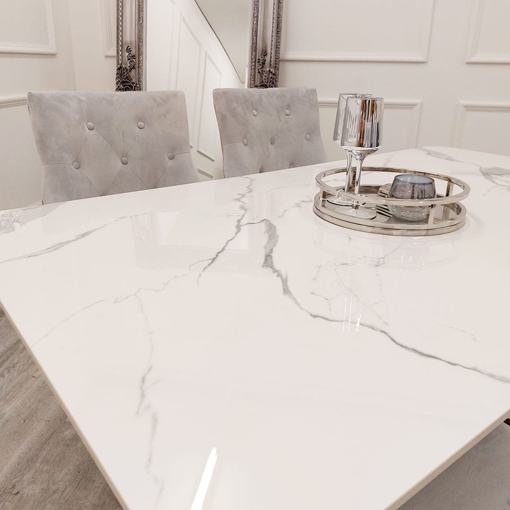 Lucien - 1.6m Chrome Dining Table with Polar White Sintered Stone Top 