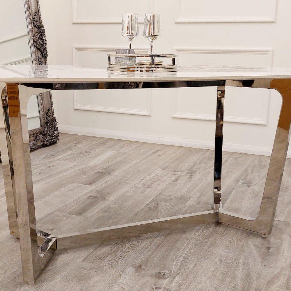 Lucien - 1.6m Chrome Dining Table with Polar White Sintered Stone Top 