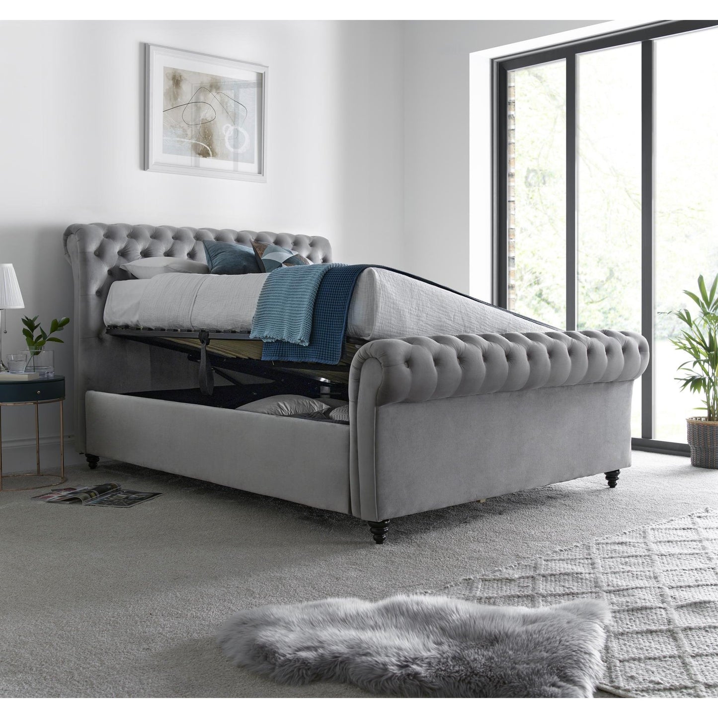 Osborne Grey Velvet Chesterfield Ottoman Bed 