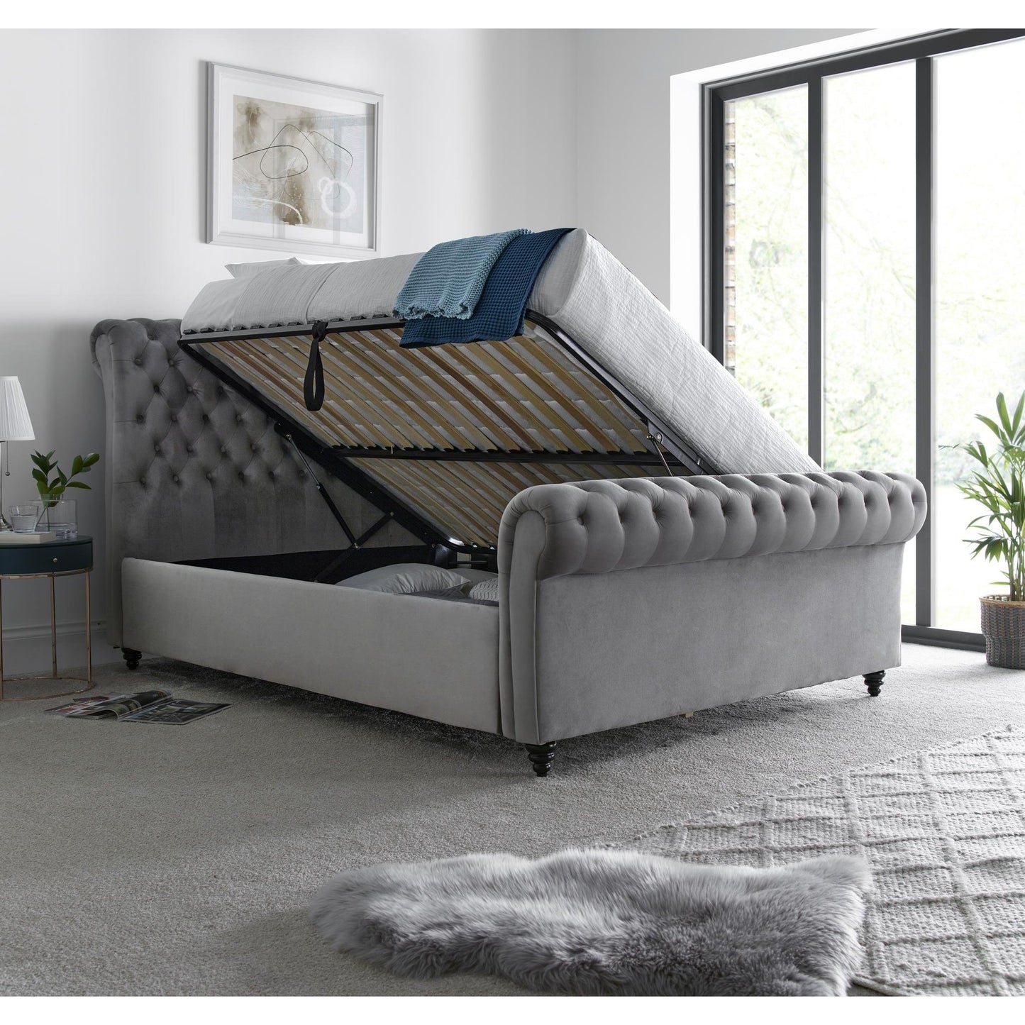 Osborne Grey Velvet Chesterfield Ottoman Bed 