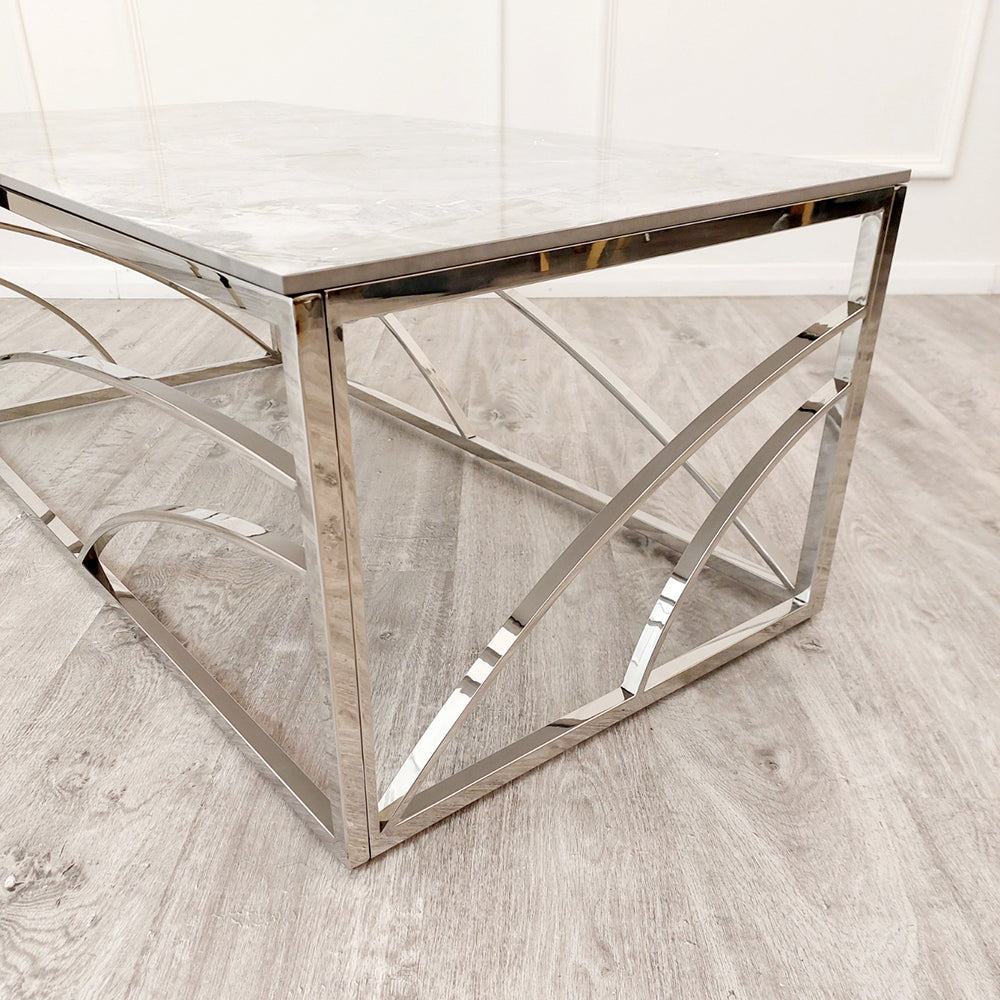 Stella - Chrome Coffee Table with Stomach Ash Grey Sintered Top