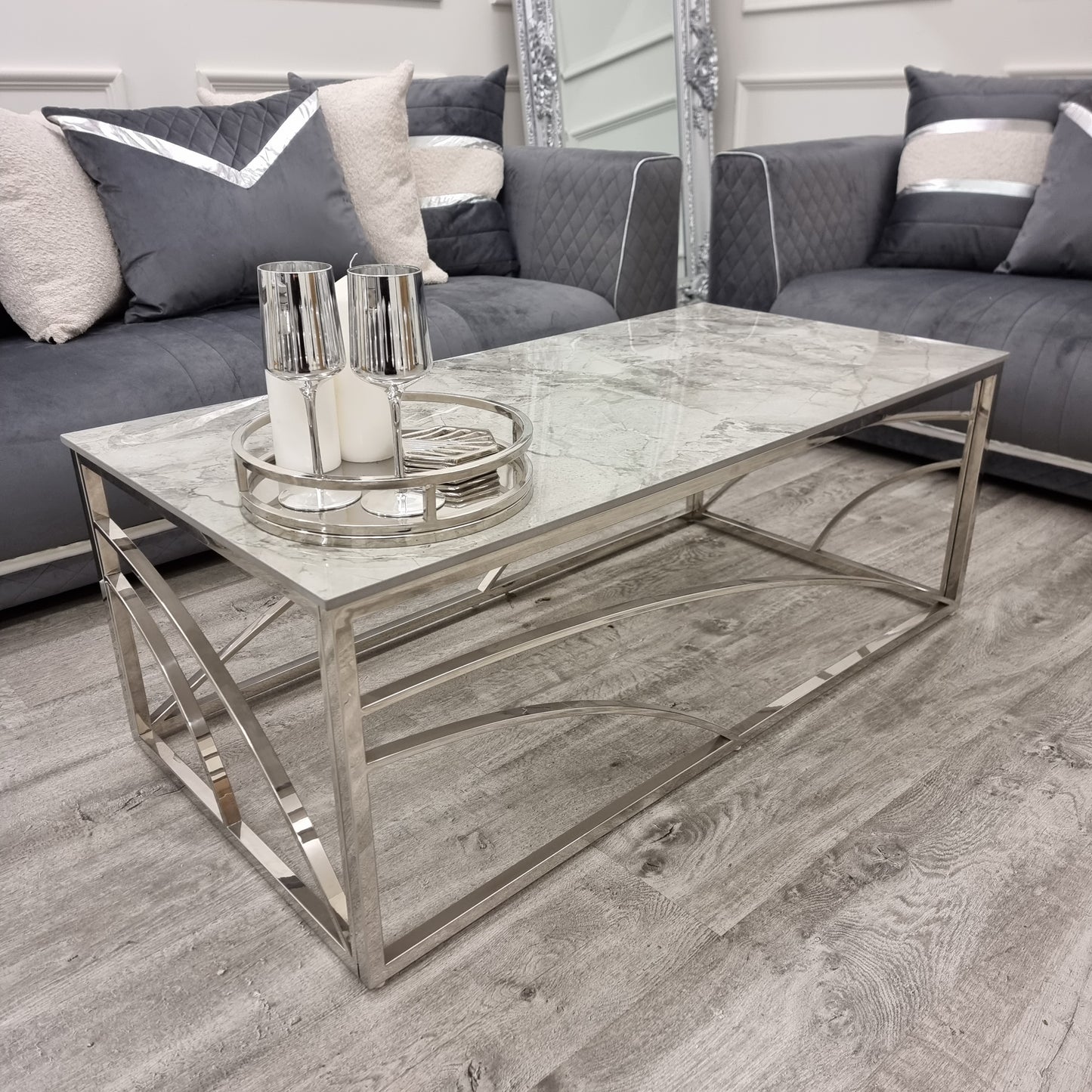 Stella - Chrome Coffee Table with Stomach Ash Grey Sintered Top