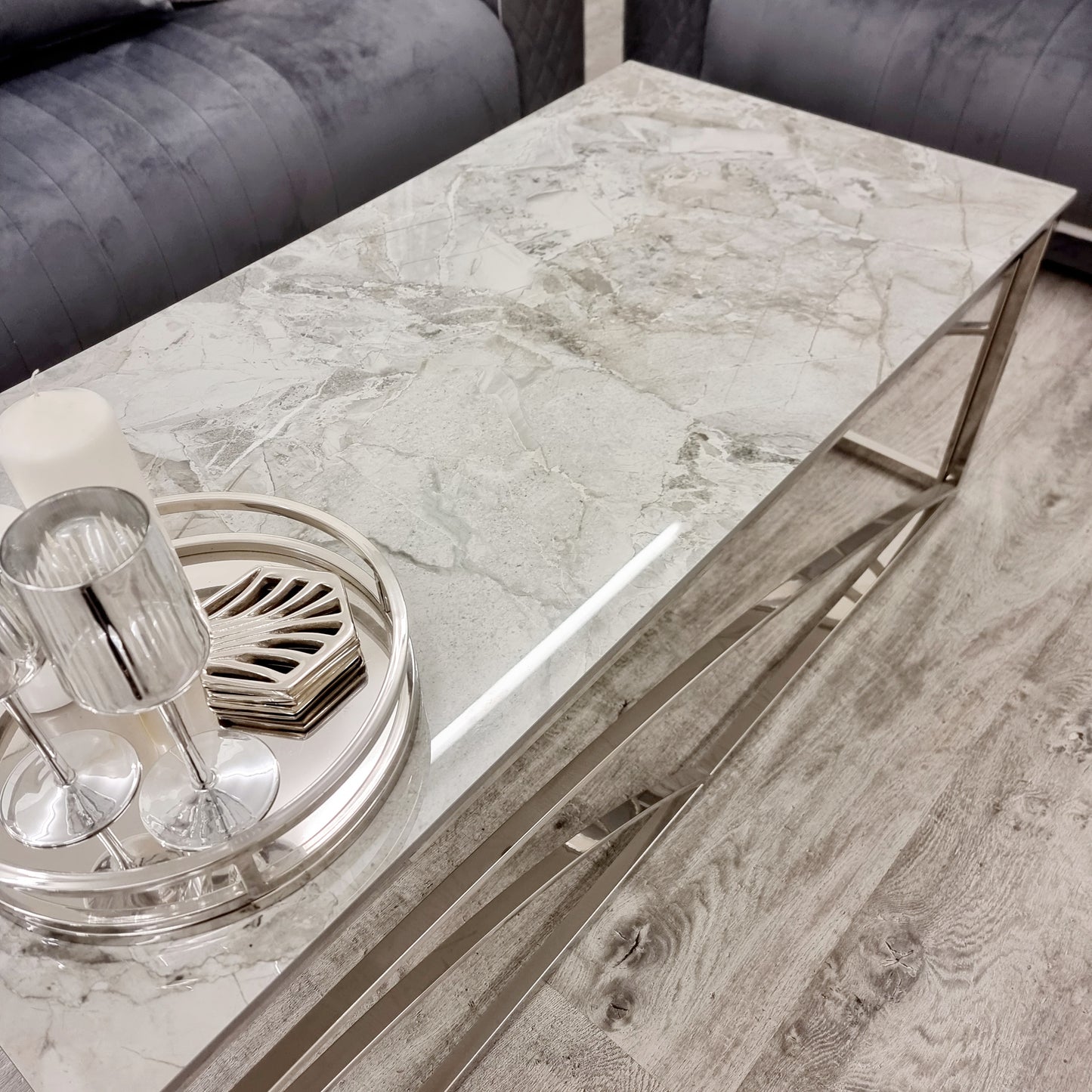 Stella - Chrome Coffee Table with Stomach Ash Grey Sintered Top