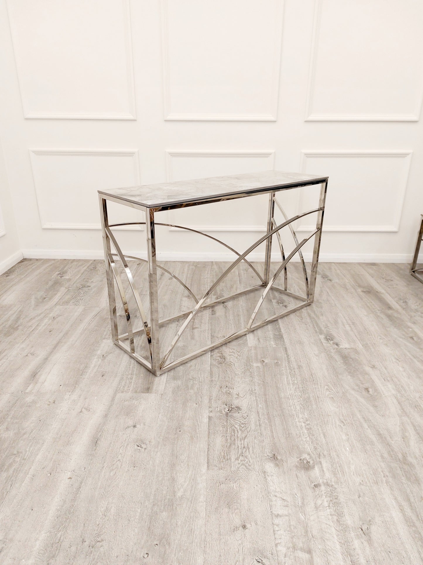 Stella - Chrome Console Table with Stomach Ash Grey Sintered Top