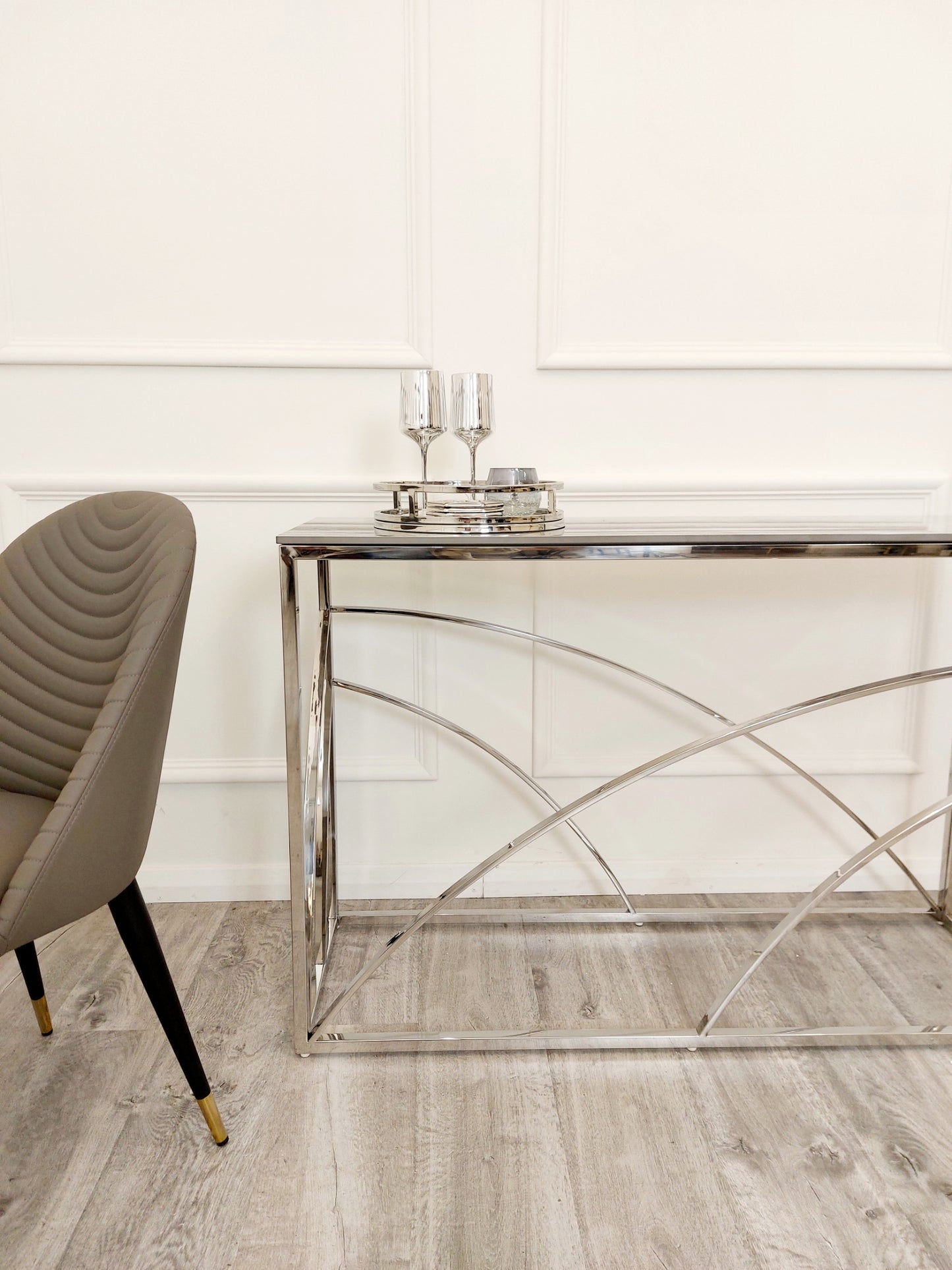 Stella - Chrome Console Table with Stomach Ash Grey Sintered Top