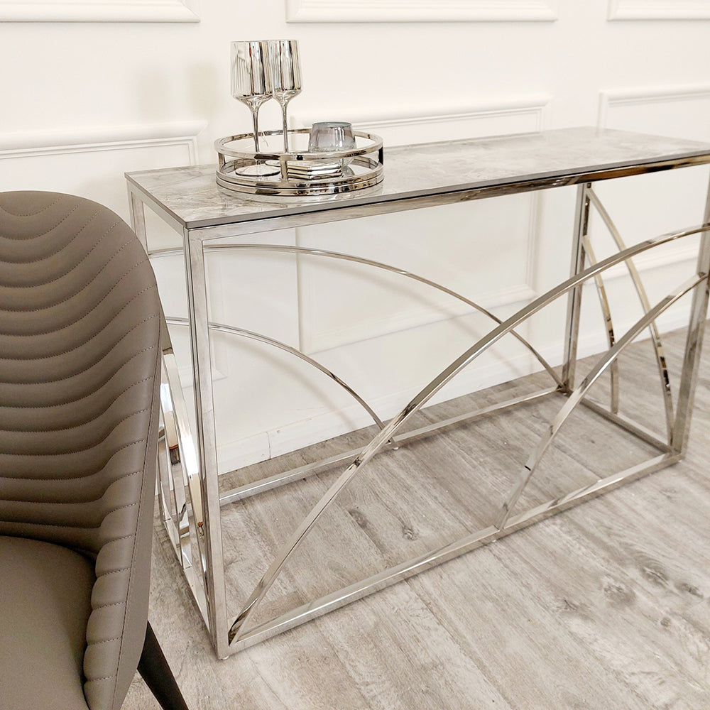 Stella - Chrome Console Table with Stomach Ash Grey Sintered Top