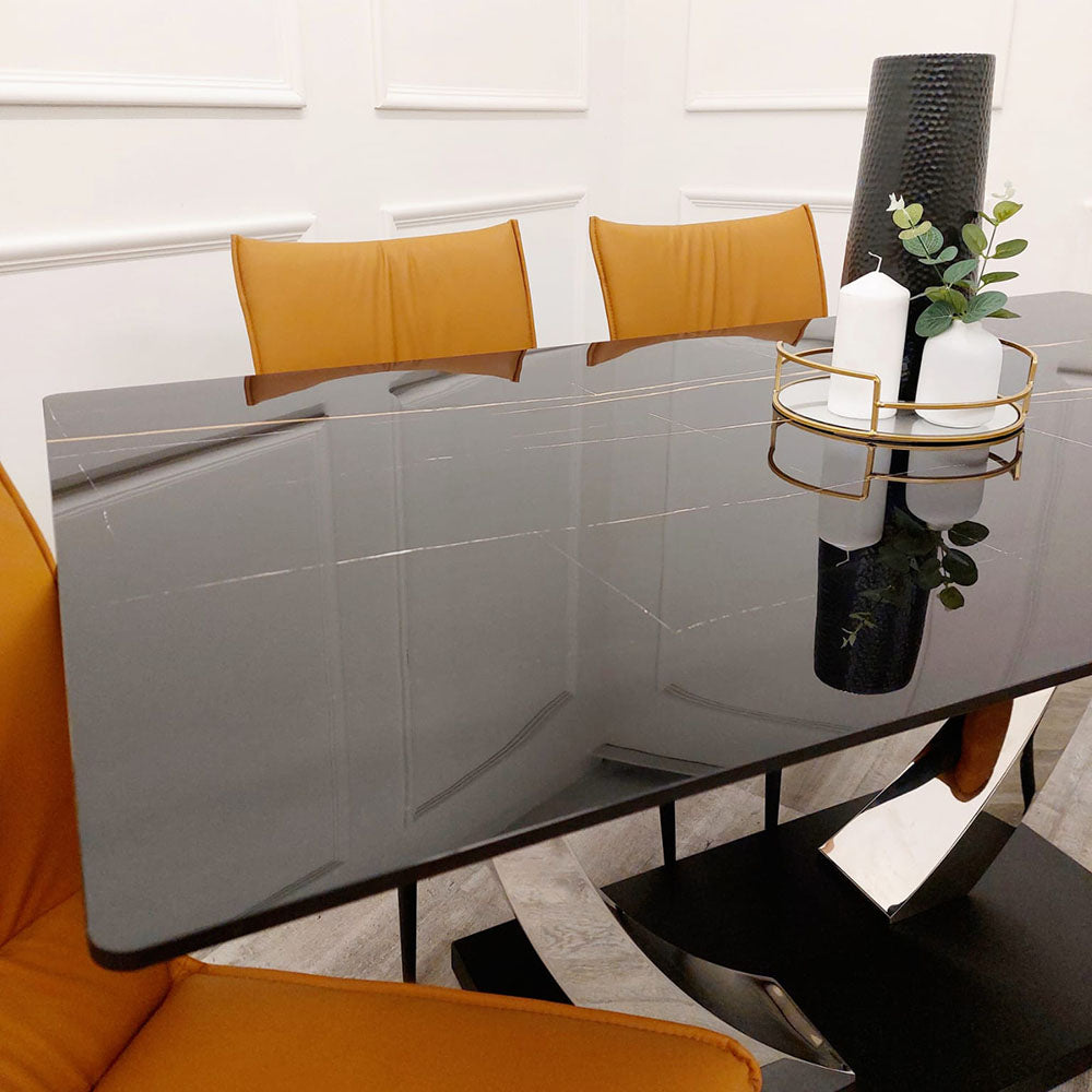 Venus - Chrome Dining Table with Black Sintered Stone Top - 1.6m 