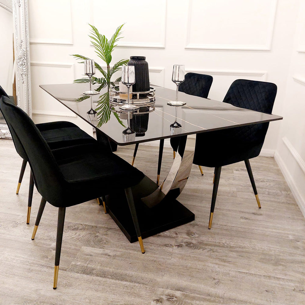 Venus - Chrome Dining Table with Black Sintered Stone Top - 1.6m 