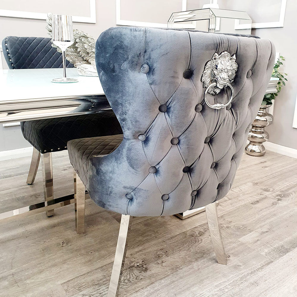 Chelsea - Dining Chair With Lion Knocker & Buttoned Back - Grey Shimmer